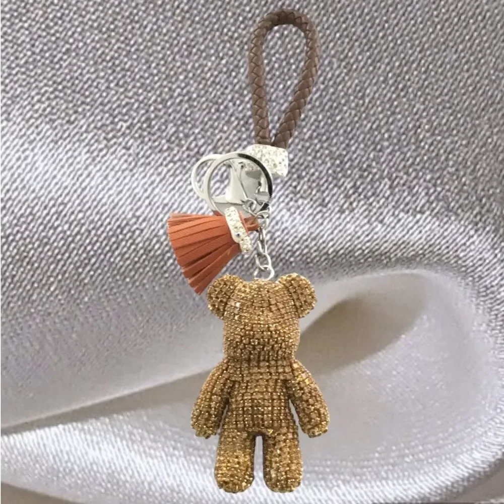KEYCHAIN KEY-CHARM RHINESTONES TASSEL WHITE SILVER SPARKLES KEYS WOMEN